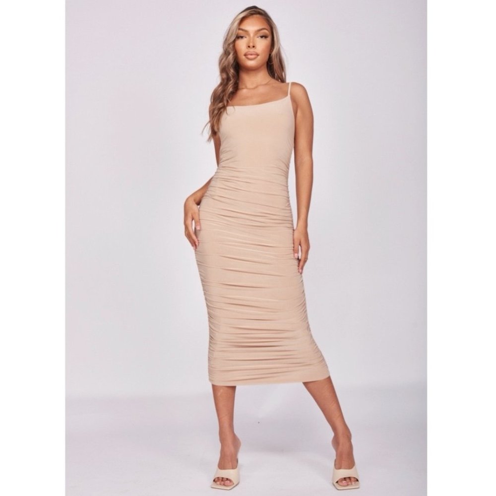 Beige Sleeveless Square Neck Ruched Bodycon Midi Dress - Picture 1 of 9